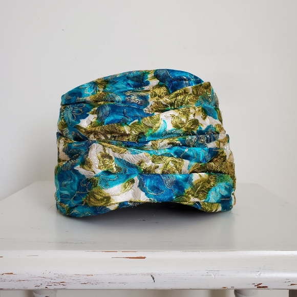 50s 60s Vintage Union Made Metallic Gold Garden Print Turban Hat - Picture 11 of 13
